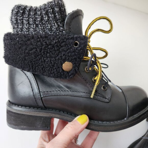 Musse & Cloud Black Leather Boot Sweater Sherpa Hiking Ankle Fall Winter Cute - Picture 10 of 11